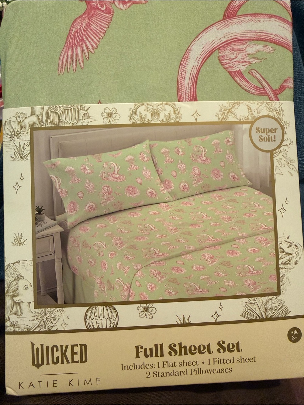 Wicked x Katie Kime Full Sheet Set Green Pink Fantasy Toile Super Soft Bedding
